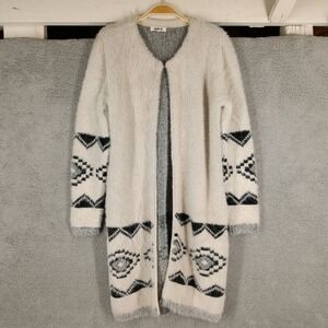 BB Dakota Large Fuzzy Cardigan Duster Sweater Aztec Print Open Front‎ Cream